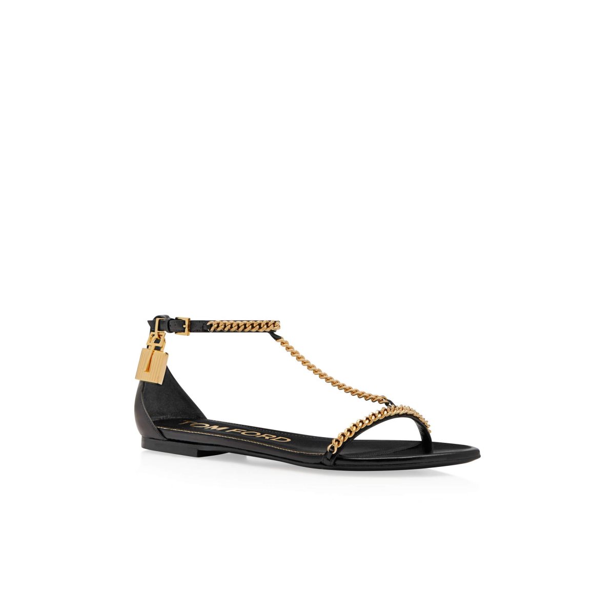 Chaussures Plates Tom Ford Shiny Cuir Padlock Chain Sandal Femme Noir | XOHYN-3658