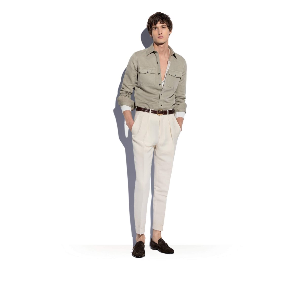 Chemises Tom Ford Linen Coton Military Fit Homme Grise Marron | EYCLN-1742