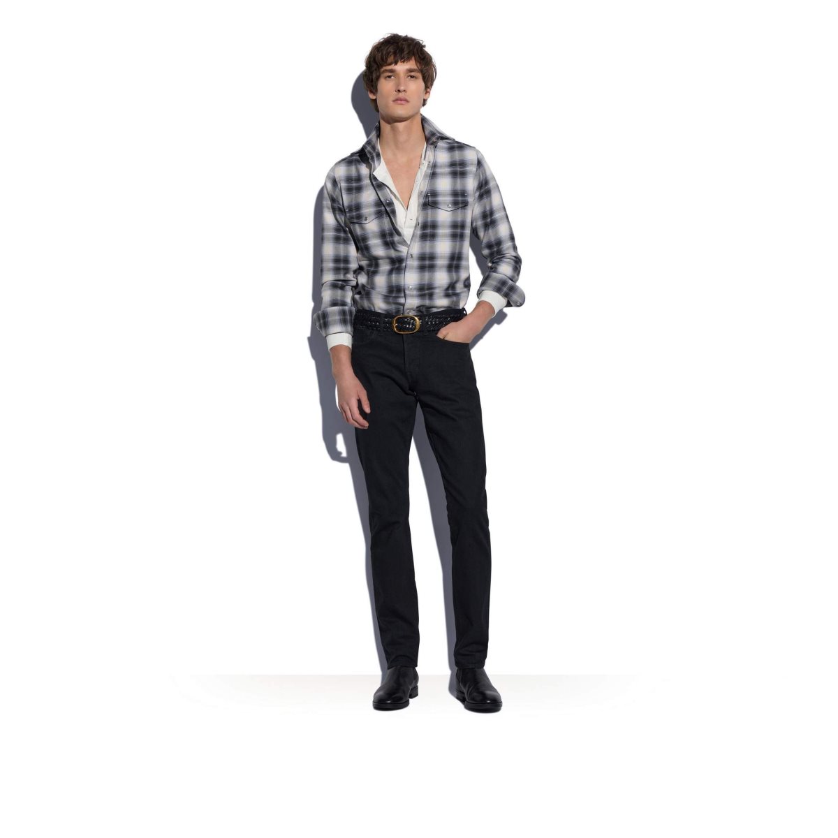 Chemises Tom Ford Washed Cowboy Check Slim Fit Homme Grise | DPMZY-3071