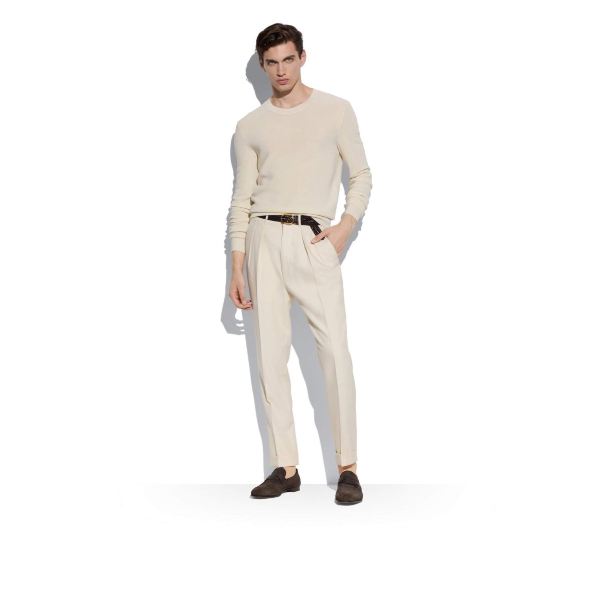 Knitwear Tom Ford Textured Silk Merino Crew Neck Homme Chalk | MVCLD-1345