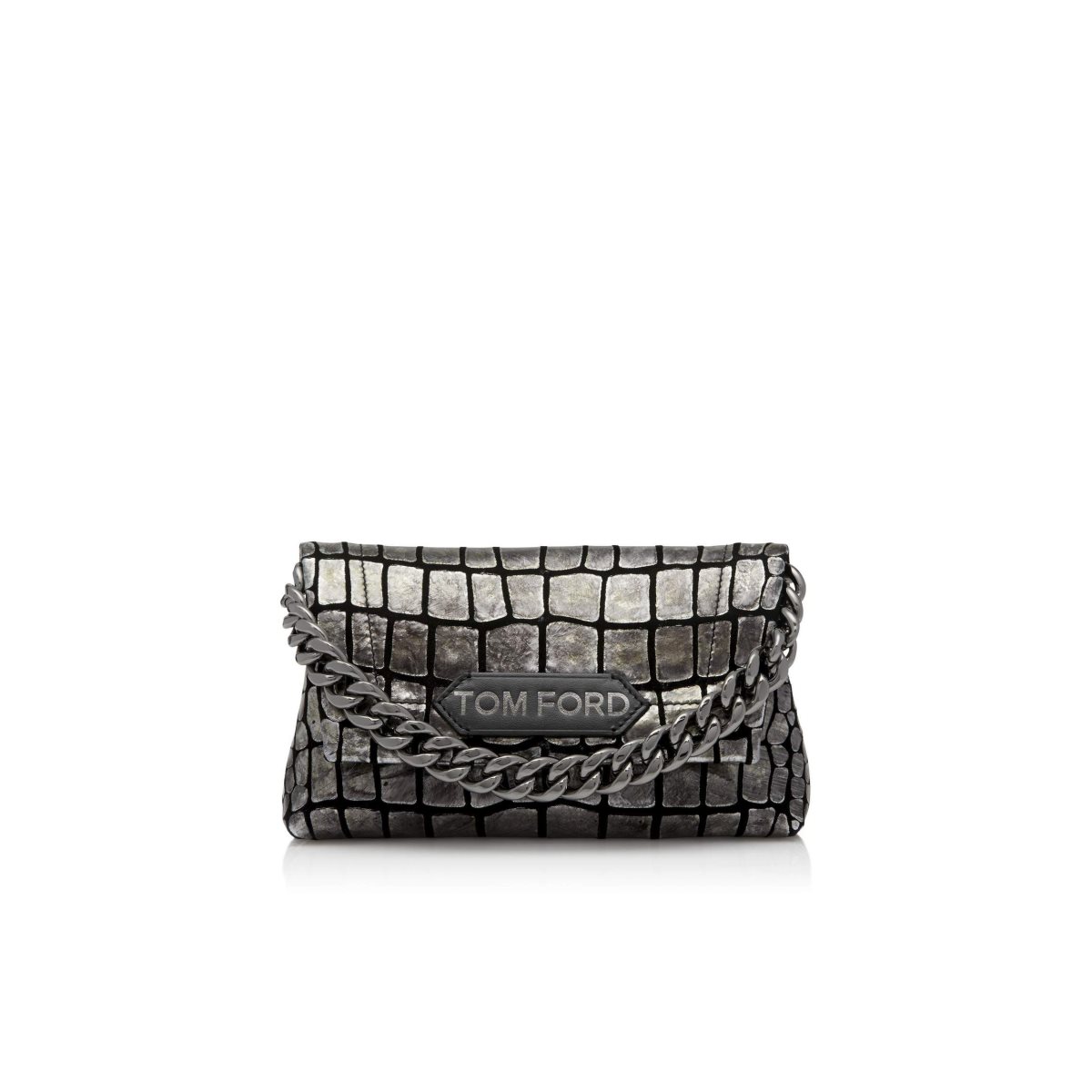 Sac Clutch Tom Ford Metallic Printed Cuir Label Femme Argent Noir | LRGFJ-9578