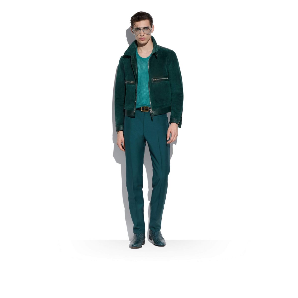 Vêtements D'extérieur Tom Ford Brushed Heathered Daim Contrast Zip Blouson Homme Turquoise Foncé | WVXOM-6915