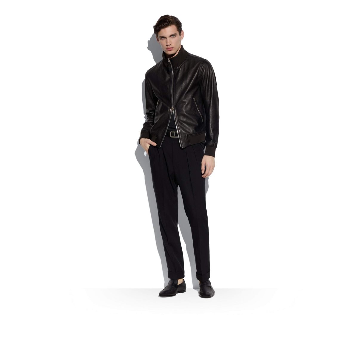 Vêtements D'extérieur Tom Ford Grain Cuir Piste Bomber Homme Noir | PYXDO-0874