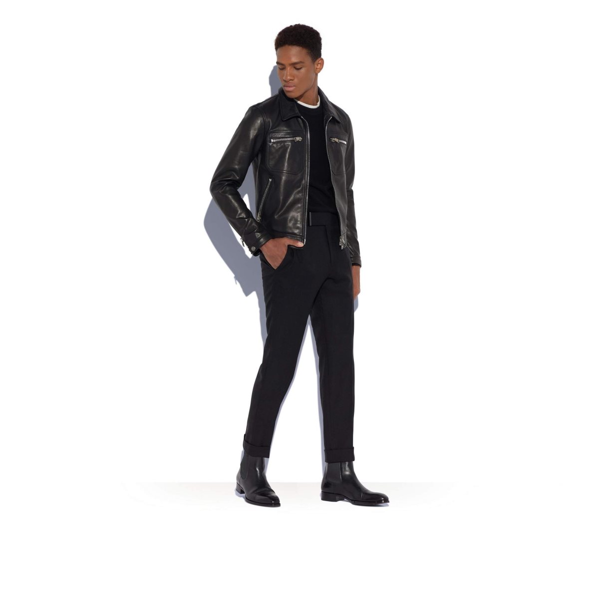 Vêtements D'extérieur Tom Ford Icon Cuir Zip Blouson Homme Noir | EBOST-1548