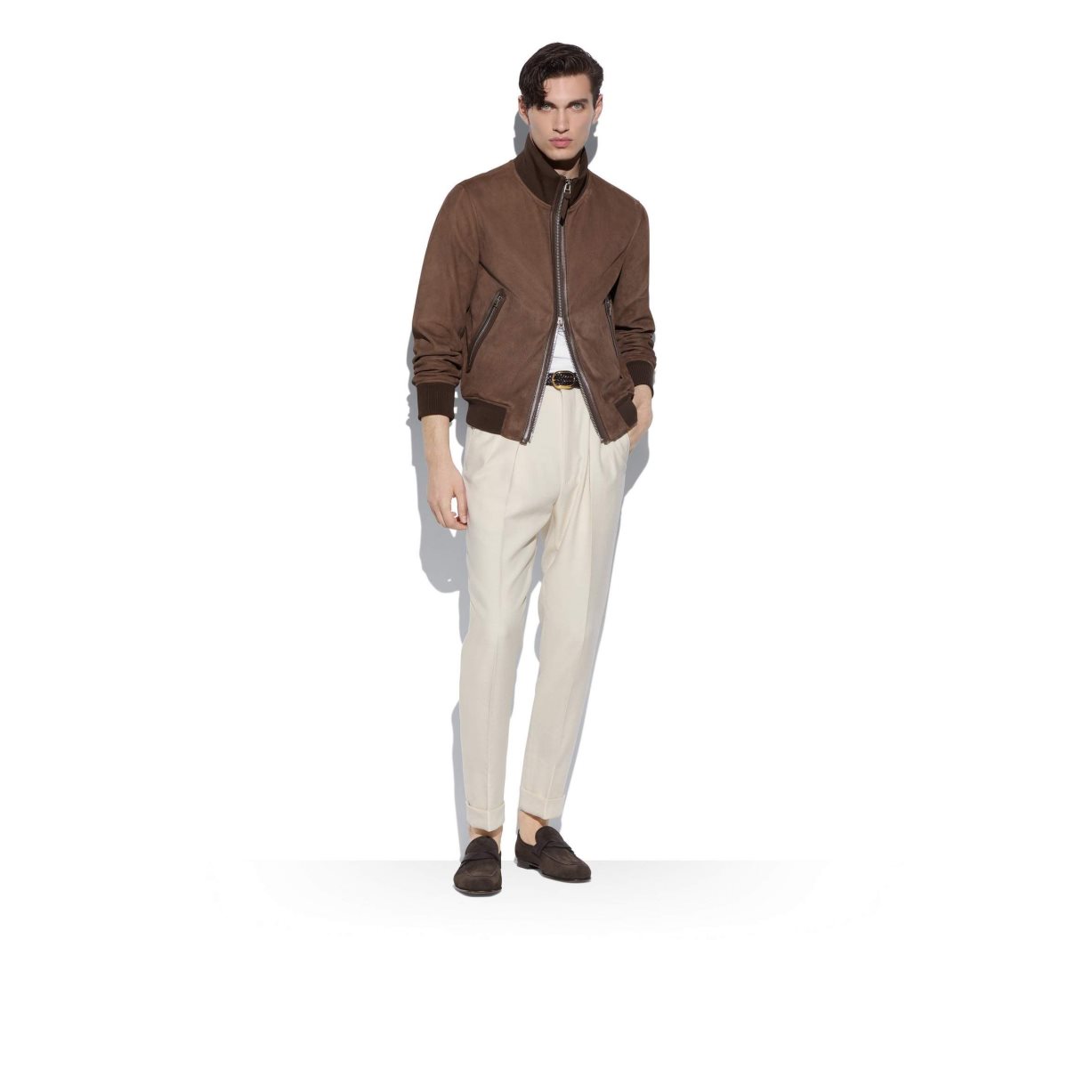 Vêtements D'extérieur Tom Ford Light Daim Piste Bomber Homme Marron | GJZKO-4192