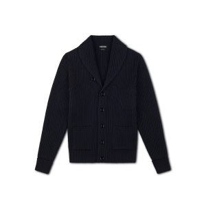 Knitwear Tom Ford Linked Rib Shawl Collar Cardigan Homme Bleu Marine | HKUPE-5814