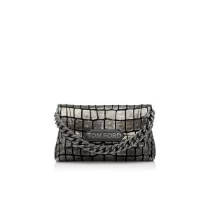 Sacs À Bandoulière Tom Ford Metallic Printed Cuir Label Mini Chain Femme Argent Noir | ZSUGW-1409