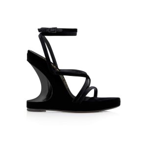 Sandales Tom Ford Velvet Wavy Wedge Ankle Wrap Femme Noir | KRHNM-2645