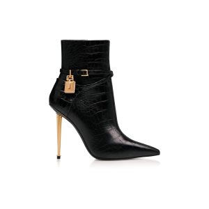 Sandales à Talons Tom Ford Shiny Stamped Crocodile Cuir Padlock Femme Noir | ZDMYV-5362