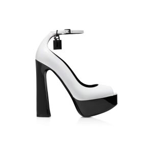 Sandales à Talons Tom Ford Vernis Cuir Padlock Peep Embout Pump Femme Blanche Noir | SQZPO-6071