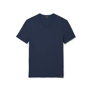 T Shirts Tom Ford Coton V-neck Homme Bleu Foncé | RLHNJ-9267