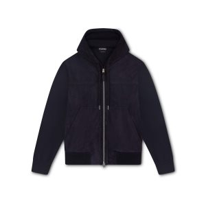 Vêtements D'extérieur Tom Ford Daim Front Merino Hoodie Homme Bleu Marine | GAQVB-5674