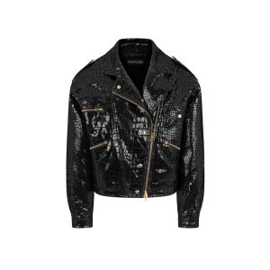 Vêtements D'extérieur Tom Ford Printed Croc Cuir Vélo Jacket Femme Noir | ZIMBJ-3259