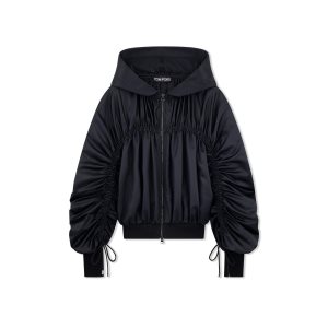 Vêtements D'extérieur Tom Ford Shiny Technical Duchesse Ruched Hoodie Femme Noir | YUDFA-5634