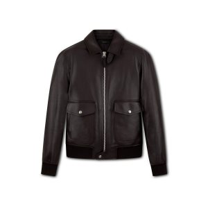 Vêtements D'extérieur Tom Ford Soft Grain Cuir Collar Blouson Homme Marron Foncé | XCMNZ-3405